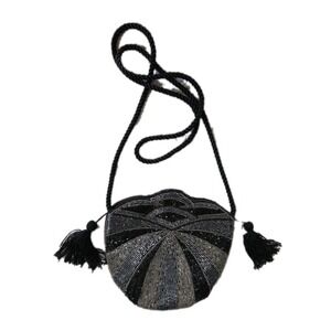 Art Deco Black Silver Beaded Purse Evening Crossbody Bag Purse